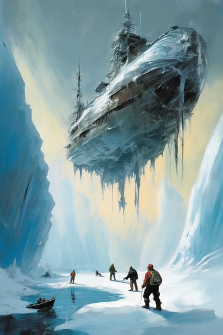 00158-1428633493-John Berkey Style - hand drawn picture of a Male Burly Fishermen finding a frozen alien ship trapped in a glacier in the art sty.png